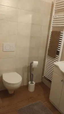 a bathroom with a toilet and a toilet paper holder at Grande appartamento indipendente in Coredo