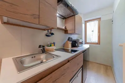 a kitchen with a sink and wooden cabinets at Apartment with Sauna at Pineta Pastry in Sottoguda