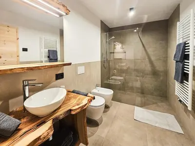 a bathroom with a sink and a toilet and a shower at Ciasa Sotiac in Antermoia