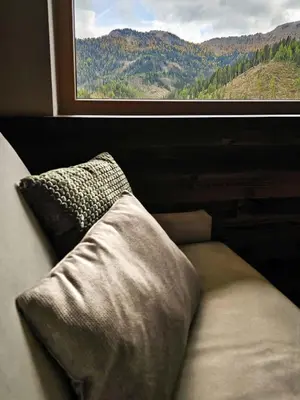 a couch sitting in front of a window at Ciasa Sotiac in Antermoia