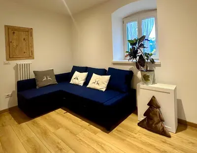 a blue couch in a living room with a window at La Busa dai Zervi in Daiano