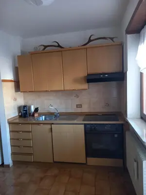 a kitchen with wooden cabinets and a sink and a dishwasher at Appartamento Cuore delle Dolomiti in Cencenighe