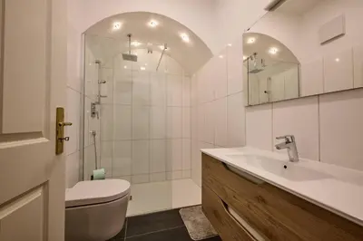a bathroom with a shower and a toilet and a sink at Villa Donata - Luxuriöses & großzügiges Apartment im Herzen von Kaltern, mit Innenhof, kostenlosem Parkplatz direkt am Haus in Caldaro