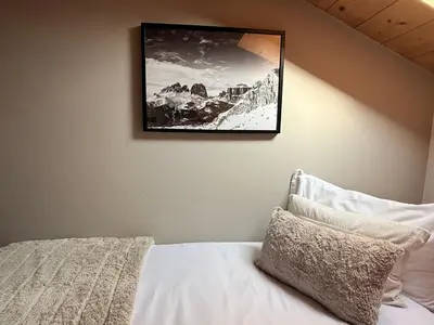 a bedroom with a bed with a picture on the wall at Snowflake Apartment in Moena