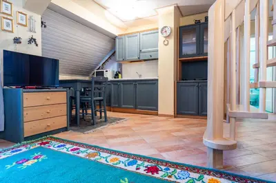 a kitchen with blue cabinets and a blue rug at Cesa Malvi in Canazei