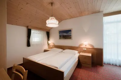 a bedroom with a large bed and a large window at Apartment Hotel Elvis in Ortisei