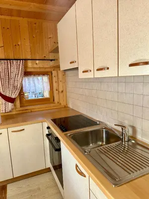 a kitchen with a stainless steel sink and white cabinets at Scurcia in Ortisei