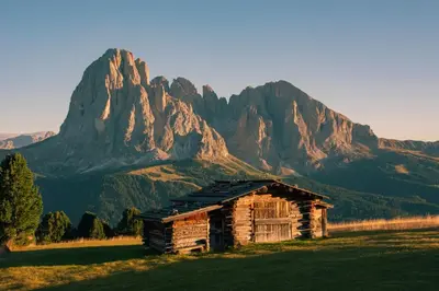 an old cabin in a field with mountains in the background at Residence Petlin Filip in Ortisei