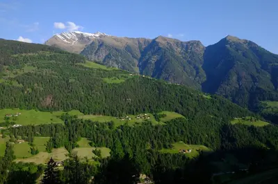 a view of a valley with mountains and trees at Ausserstauderhof in San Leonardo in Passiria