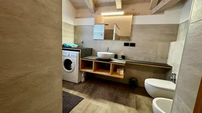 a bathroom with a sink and a washing machine at Lares - Your nordic stay in Tesero