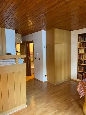 a room with a room with a book shelf and a room with a book shelf at Appartamento ai piedi delle Dolomiti in Selva di Val Gardena