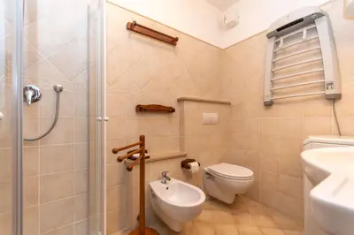 a bathroom with a shower and a toilet and a sink at Suite Monte Pelsa in Alleghe