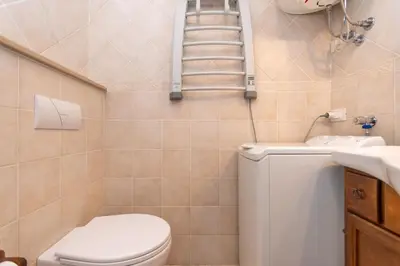 a small bathroom with a toilet and a sink at Suite Monte Pelsa in Alleghe
