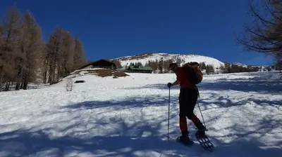 a person is cross country skiing in the snow at Hühnerspielhütte - Rifugio Gallina - Mountain Hut Hühnerspielhütte in Moncucco