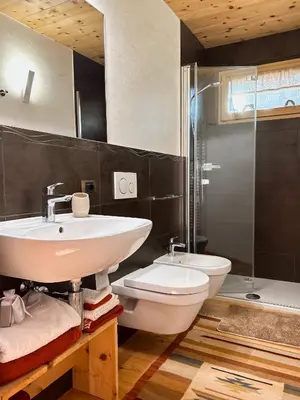 a bathroom with a sink and a toilet and a shower at B&B Profumi nel bosco in Carano