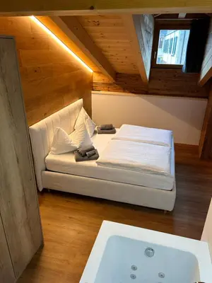 a bedroom with a bed and a tub in a attic at Casa Franz in Tesero