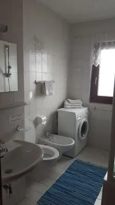 a bathroom with a toilet sink and a washing machine at Appartements Tlusel in Ortisei