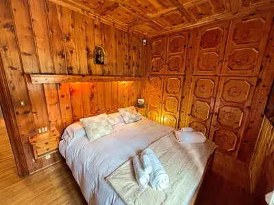 a bedroom with a bed in a wooden wall at Large Central Flat, 5min to Sky Slopes, Garage in Cortina dʼAmpezzo
