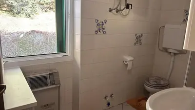 a bathroom with a toilet and a sink and a window at SISSI MENDEL Residence in Ronzone