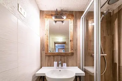 a bathroom with a sink and a shower and a mirror at Appartamento Vecchia Osteria in Rocca Pietore