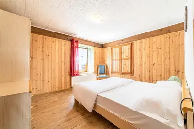 a bedroom with a large bed and wooden walls at Appartamento Vecchia Osteria in Rocca Pietore