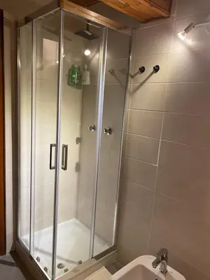 a shower stall in a bathroom with a sink at Romantica Mansarda Alpina-Ski & Natura in Tesero