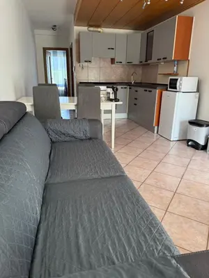 a living room with a couch and a kitchen at AlpinVista- Le Maddalene in Cavareno
