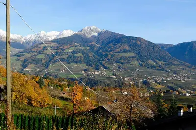 a view of a mountain with snow capped mountains at Haus Rosengarten in Tirolo