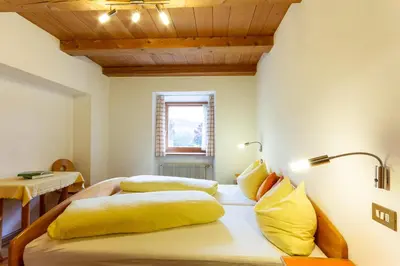 a room with two beds with yellow pillows at Appartments Moarhof in Vols am Schlern
