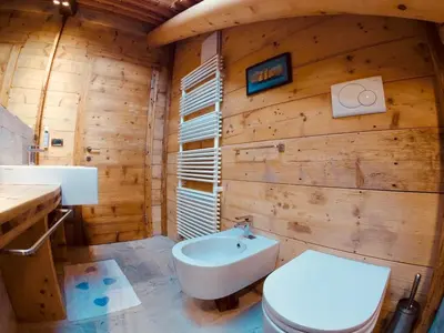 a wooden bathroom with a toilet and a sink at Stunning Luxury House in Cortina dʼAmpezzo