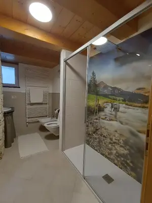 a bathroom with a shower with a painting on the wall at Appartamenti Pra Fiorì in Vigo di Fassa