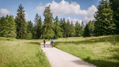 two people riding bikes down a dirt road at La Mendola Alm-Chalet in Mendola