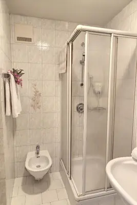 a bathroom with a shower and a toilet and a sink at Hotel & Residence Sylvanerhof in Chiusa