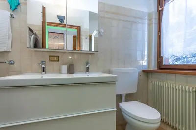 a bathroom with a toilet and a sink and a mirror at Chalet Kalipe in Rocca Pietore