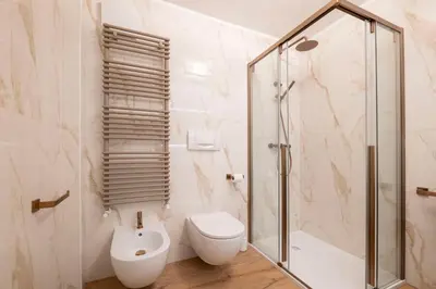 a bathroom with a toilet and a shower at GuestHost - Dolomite Elegance - Chic Flat in San Vito di Cadore in Termine