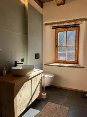 a bathroom with a sink and a toilet and a window at Casa Alice in Rocca Pietore