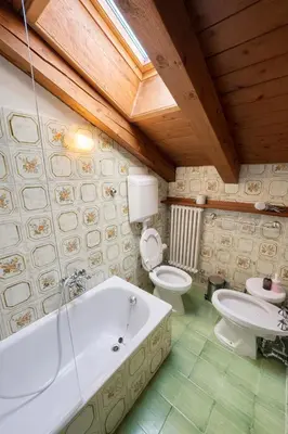 a bathroom with a tub and a toilet and a sink at Cà Masariè Alverà in Cortina dʼAmpezzo
