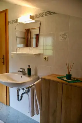 a bathroom with a sink and a mirror at Oberortsgut in Tirolo