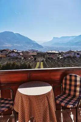 a table and chairs with a view of a vineyard at Oberortsgut in Tirolo
