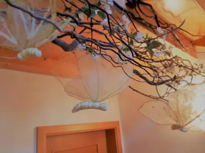 a ceiling with umbrellas hanging from a tree at Ferienwohnungen Hofanger in Lagundo