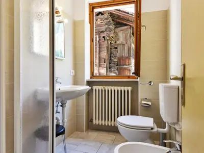 a bathroom with a toilet and a sink and a window at Apartment El Ladinia-1 by Interhome in Moena