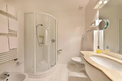 a bathroom with a shower and a toilet and a sink at Hotel Mühle Mayer in Termeno