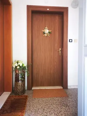 a wooden door with a star on it in a hallway at Apartment Anna in Merano