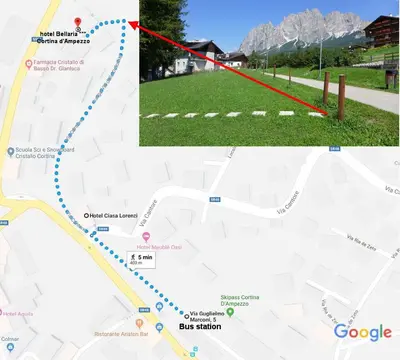 a map with a red line and a map with a mountain at Hotel Bellaria - Cortina d'Ampezzo in Cortina dʼAmpezzo