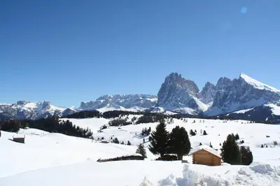 a snow covered mountain with a house in the foreground at Apartment Manuel in Ortisei