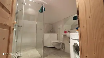 a bathroom with a shower and a toilet and a washing machine at Apartment Manuel in Ortisei