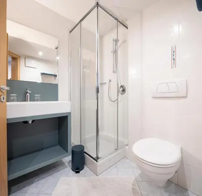 a bathroom with a shower and a toilet and a sink at Waldelerhof- Appartements in Meransen in Maranza