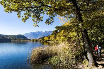 two people standing under a tree next to a lake at Lafoi - Apartments in Eppan in Cornaiano