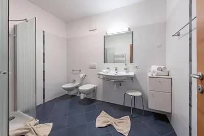 a bathroom with a sink and a toilet and a mirror at Lafoi - Apartments in Eppan in Cornaiano