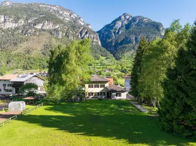 a green yard with mountains in the background at VILLA MARGHERITA - 5 minutes from Dolomiti Super Ski in Ziano di Fiemme
